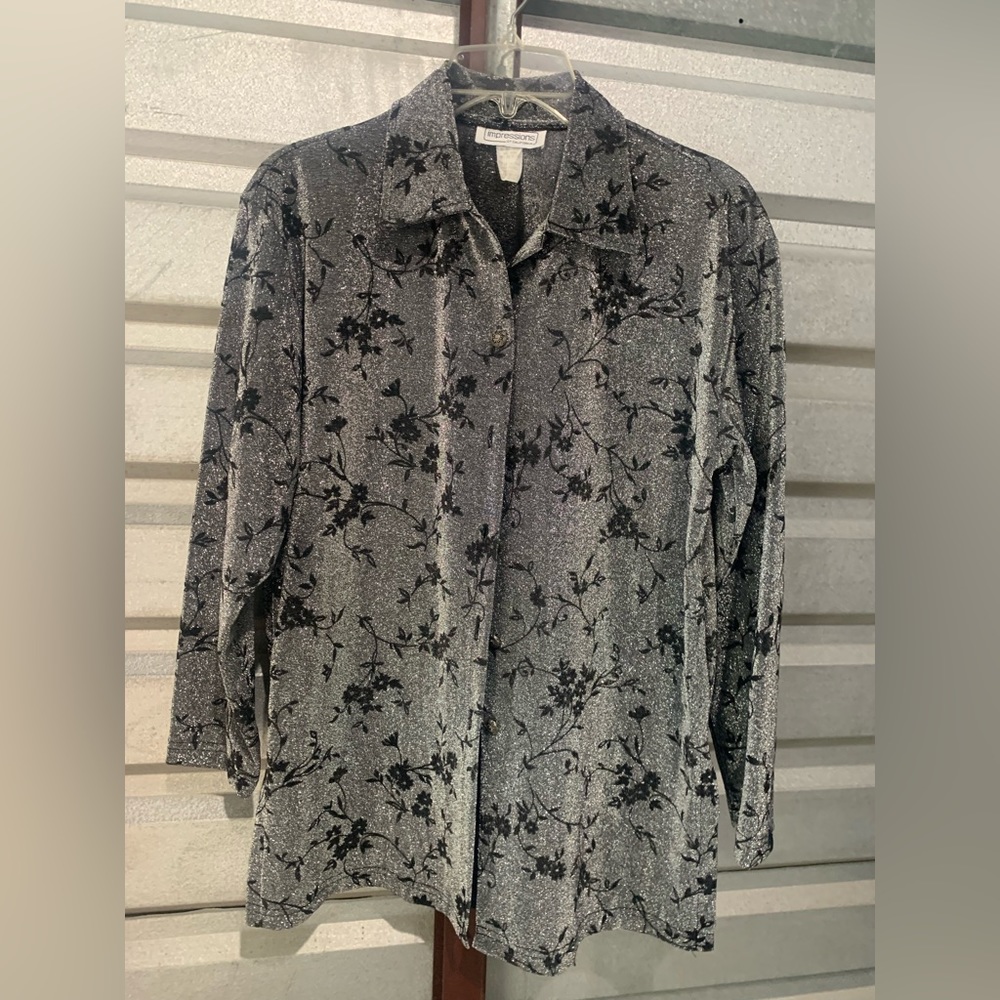 Vintage Metallic Sparkle Button Up Blouse Silver Black S Tour Concert Floral